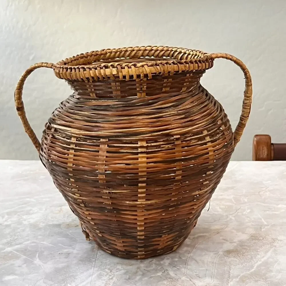 Vintage Two-Toned Brown Woven Rattan Basket with Handles 9